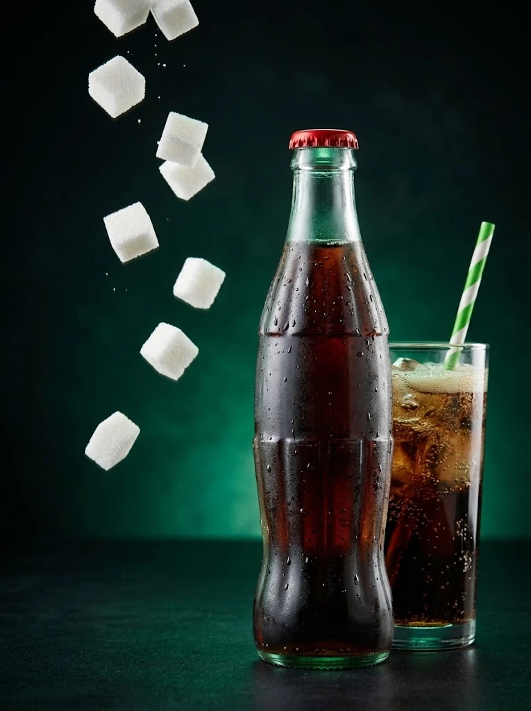 Sugar cubes falling next to a bottle and a glass of soda